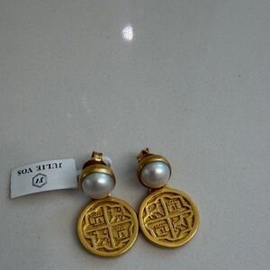 Julie Vos Gold and White Pearl Medallion Earrings